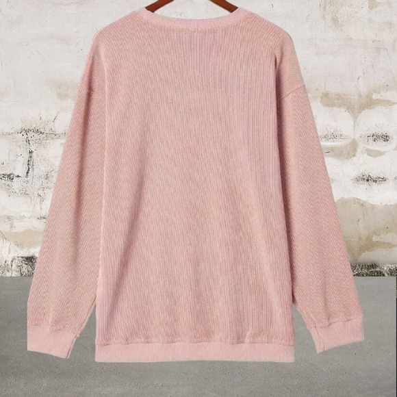 *NEW* Solid Ribbed Corduroy Crew Neck Pullover Sweatshirt in Pink - Picture 3 of 5